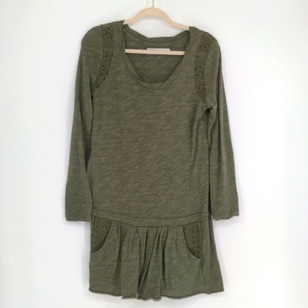 Free People Beach Green Long‎ Sleeve Scoop Neck Tunic Mini Dress Pockets Small